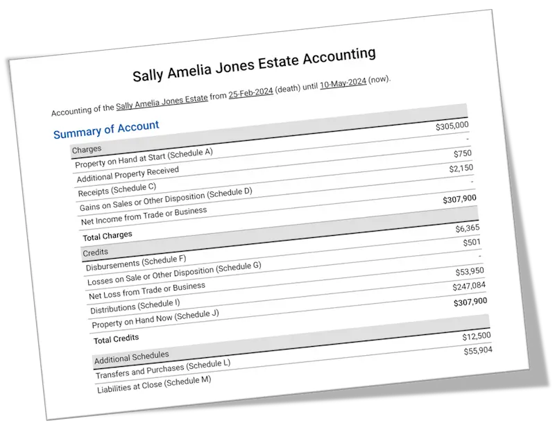 Example first page of Final Accounting report for estate probate settlement