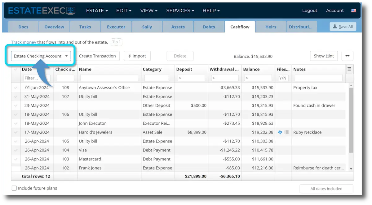 Cashflow tab showing imported transactions